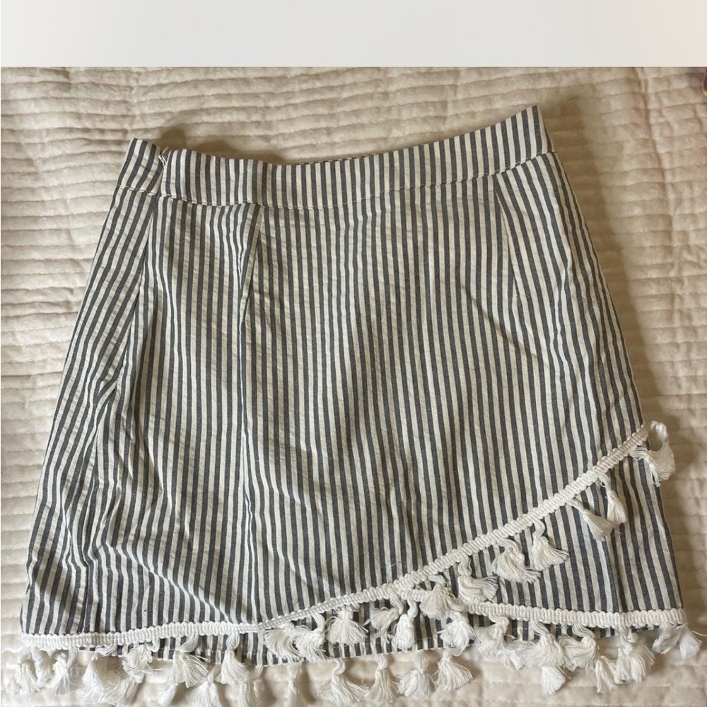 Pink Lily Gray and White Striped Mini Skort with Tassels